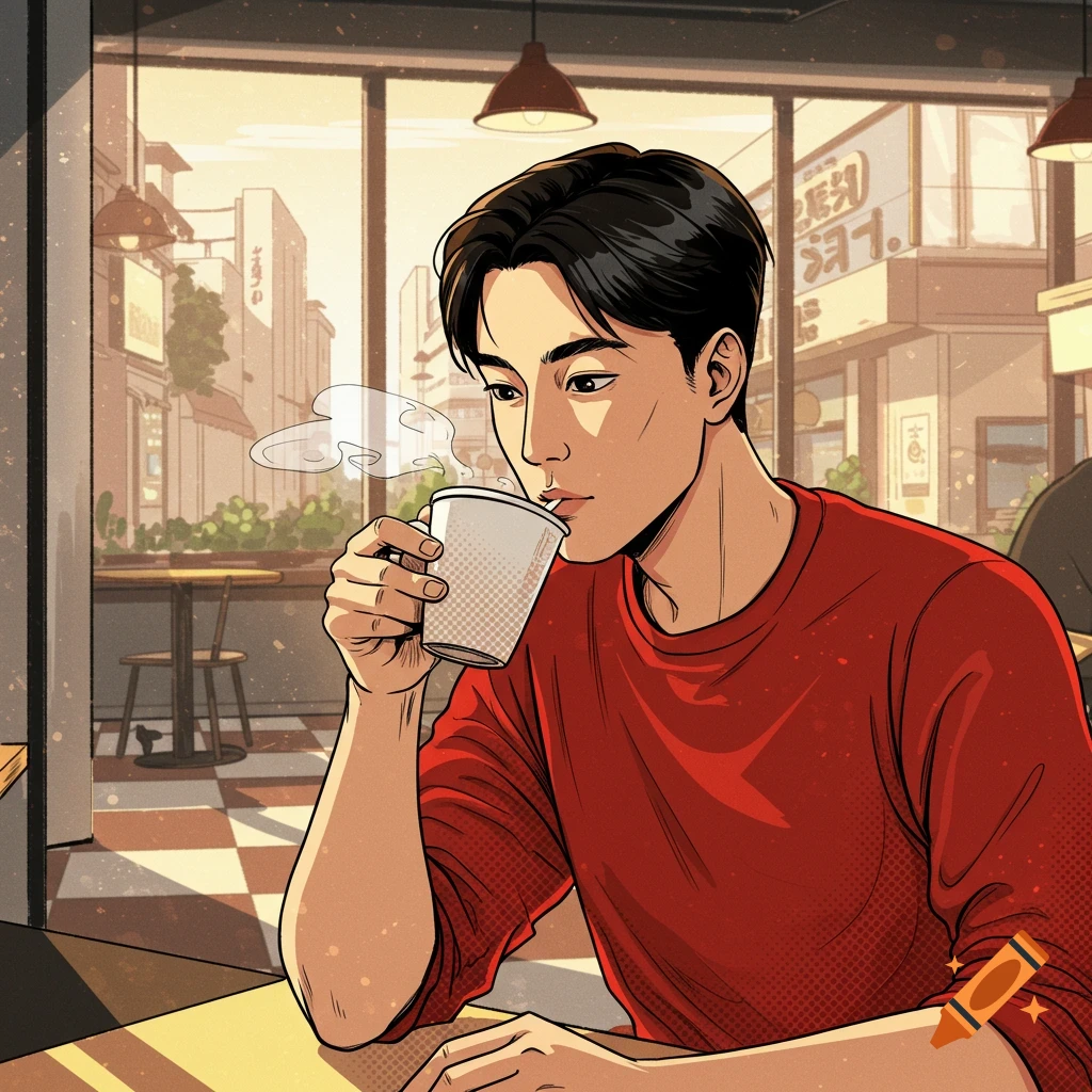 Asian male in a red shirt sips coffee in a bright cafe, city visible outside, comic book art style.