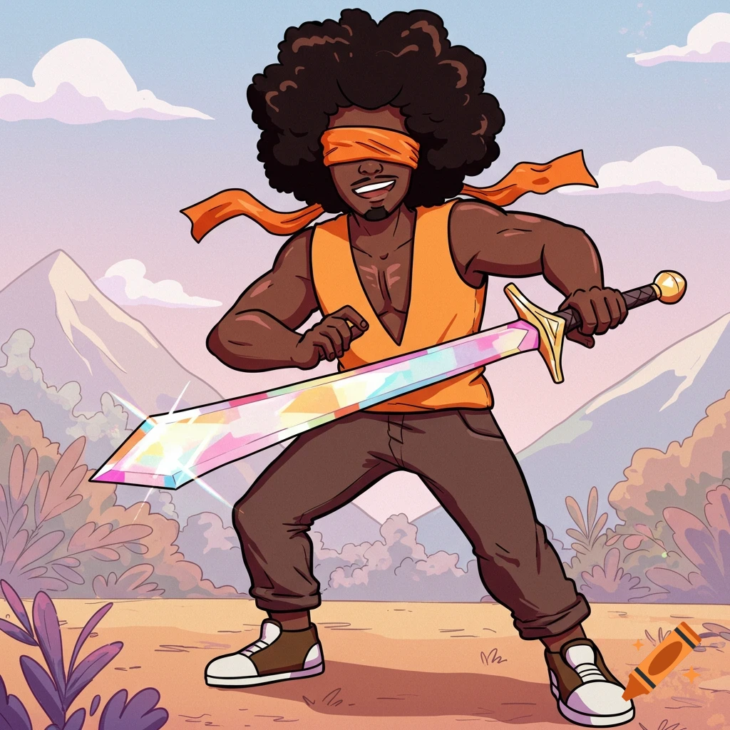 A blindfolded Black man with an afro, an orange blindfold, and a shiny rainbow-colored sword in a cartoon outdoor setting.