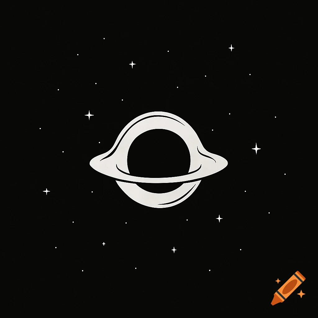 A minimalist illustration of a black hole with a white accretion disk, surrounded by tiny white stars in a dark space.