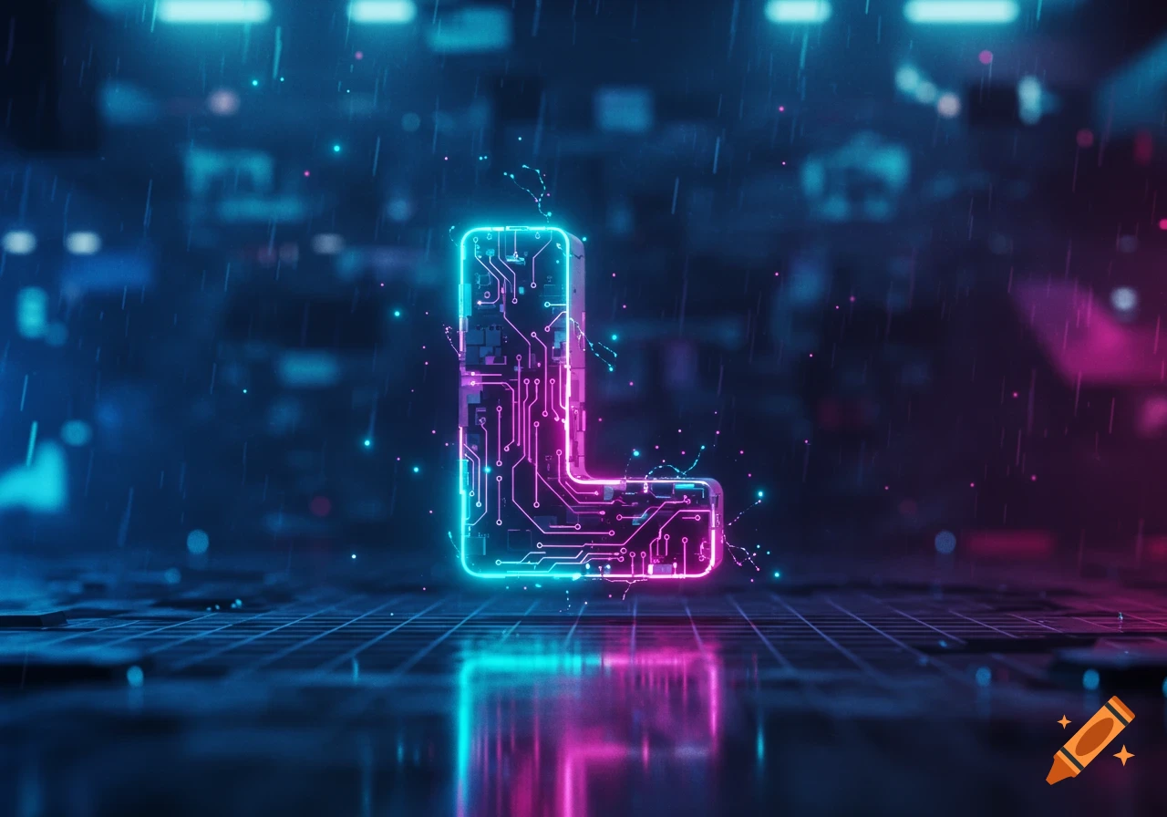 A glowing neon letter 'L' crafted from circuit board patterns, set in a dark, futuristic environment with blue and pink lighting.