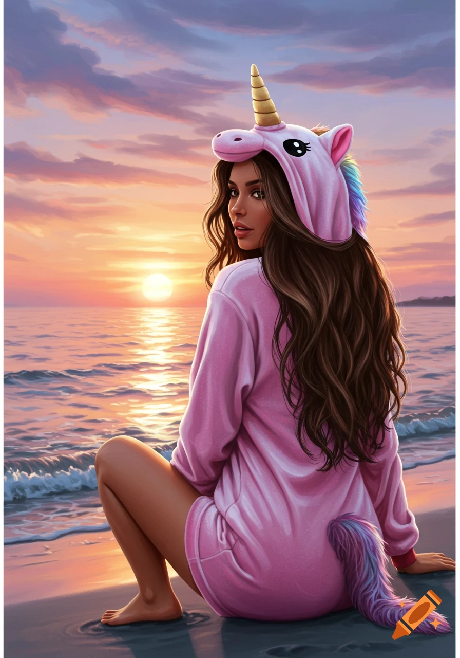 Digital painting of a woman in a pink unicorn onesie crouching on a beach at sunset, looking over her shoulder.