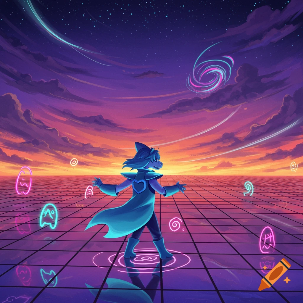 A furry character in a cape stands on a neon grid plane under a vibrant sunset sky with glowing abstract shapes.