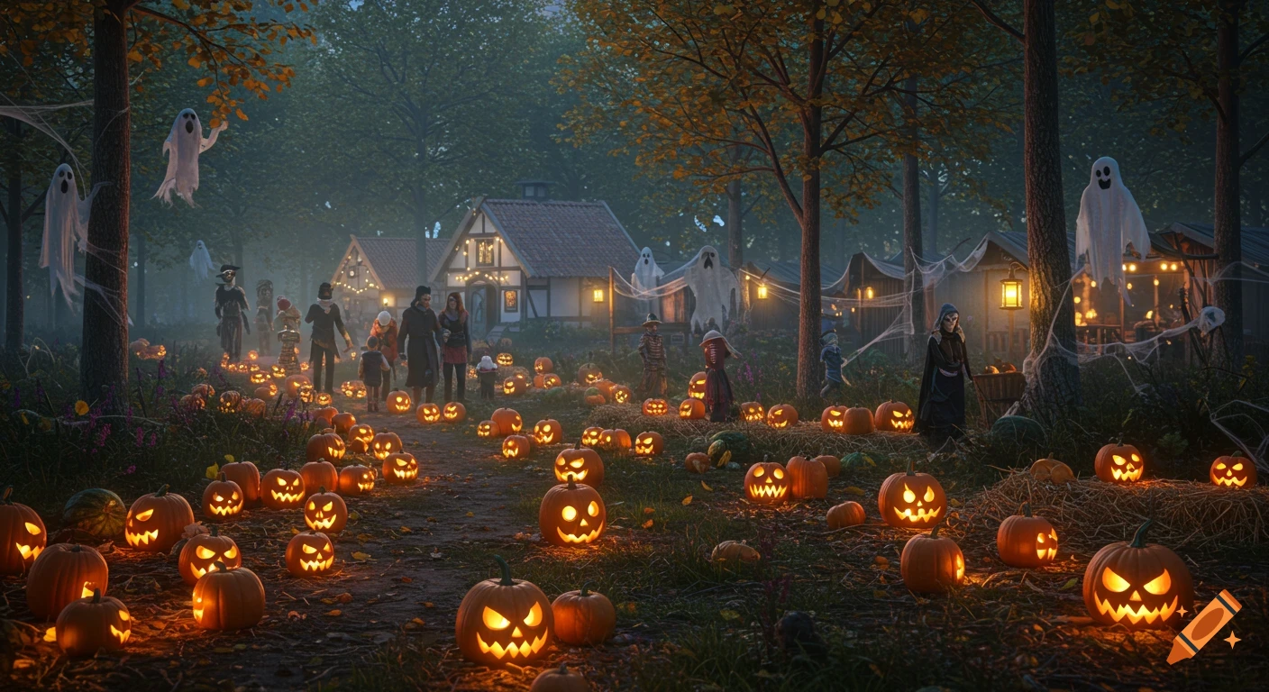 Photorealistic Halloween scene: glowing carved pumpkins line a foggy forest path leading to a village with costumed people, ghosts, and warm lights.