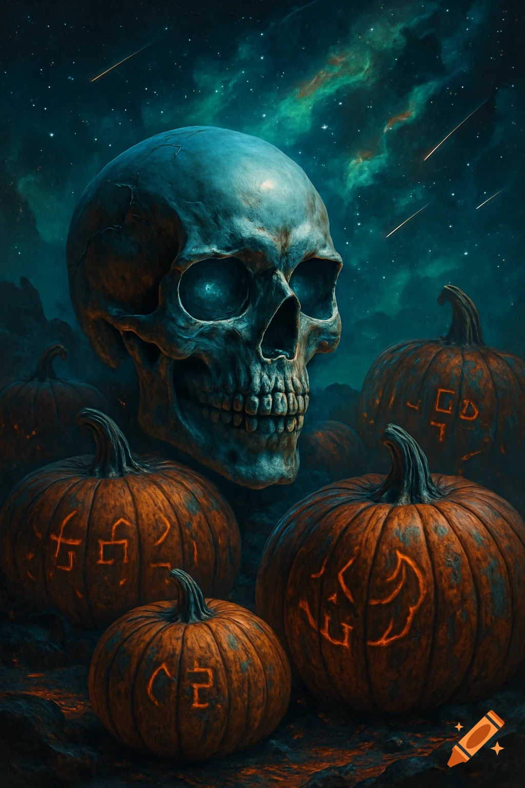 A realistic, sci-fi Halloween poster featuring a large skull with glowing eyes, surrounded by pumpkins carved with glowing runes, under a starry nebula sky.