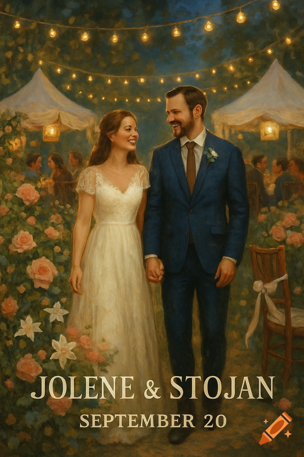 Painterly portrait of a happy couple, Jolene and Stojan, holding hands in a romantic garden at night, surrounded by lights and roses.