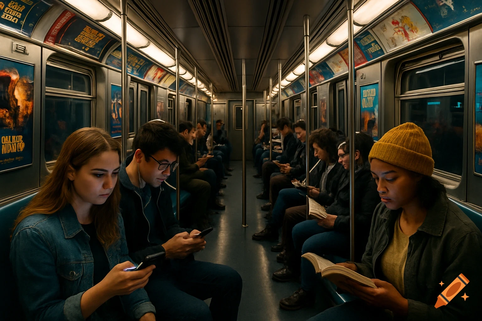 Photorealistic image of a crowded subway car with diverse passengers engrossed in phones and books, walls lined with ads.