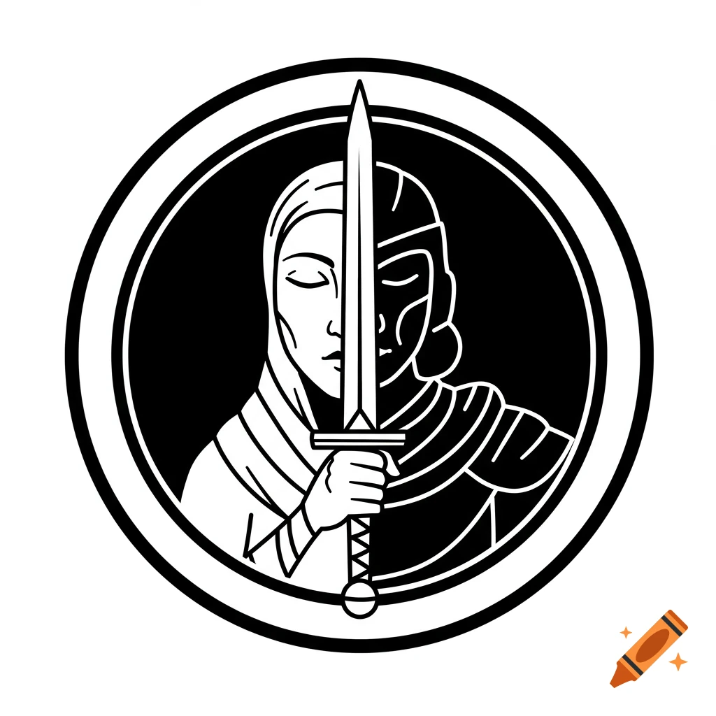 Monochrome line art symbol depicting a dual figure, half a robed person and half an armored warrior, holding a sword, within a circular emblem.