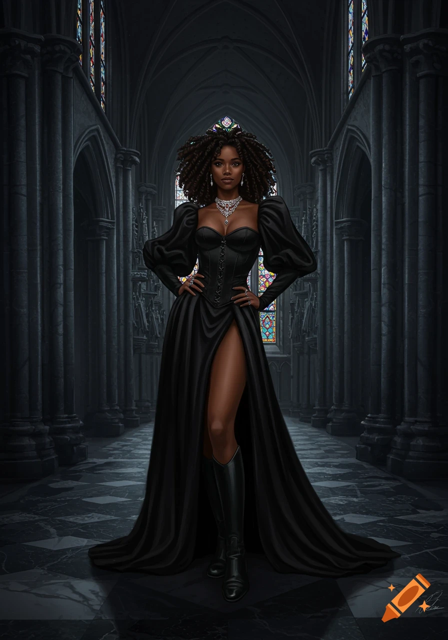 Tall African woman in a black gothic dress with a high slit, boots, and jewelry stands in a dark cathedral.