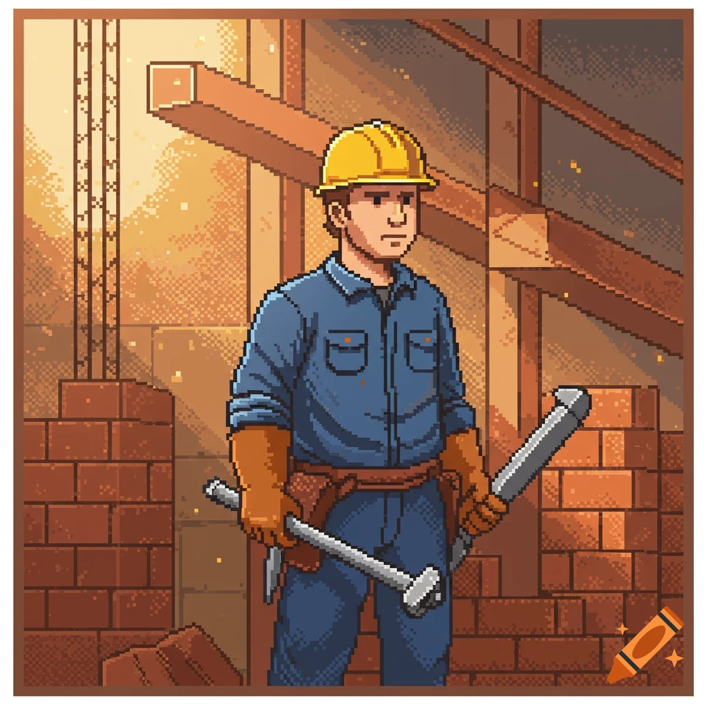 Pixel art construction worker in a hard hat, blue uniform, and gloves, holding tools at a building site with bricks and wooden beams.