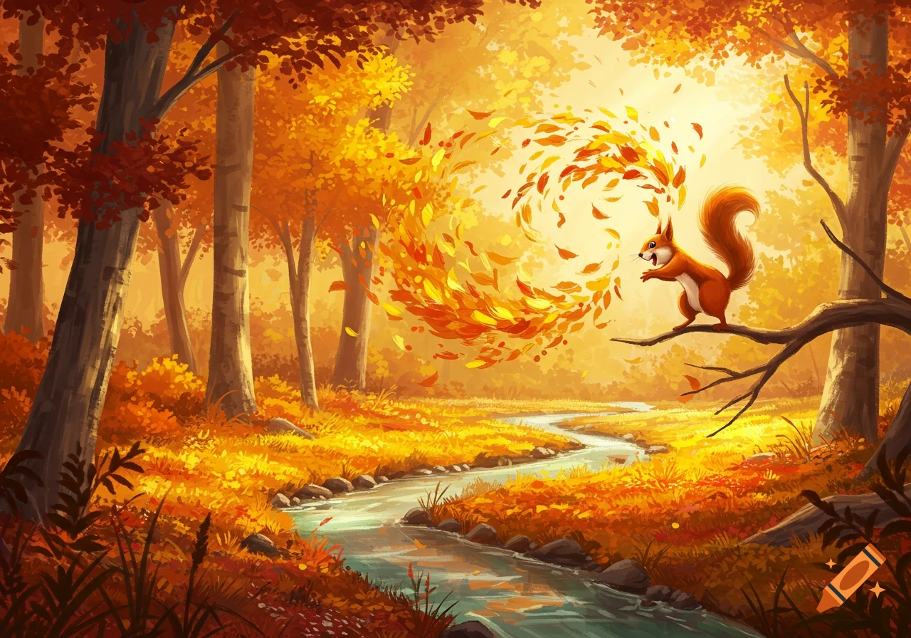 A stylized illustration of a surprised squirrel on a tree branch in a vibrant autumn forest, with swirling leaves and a stream.