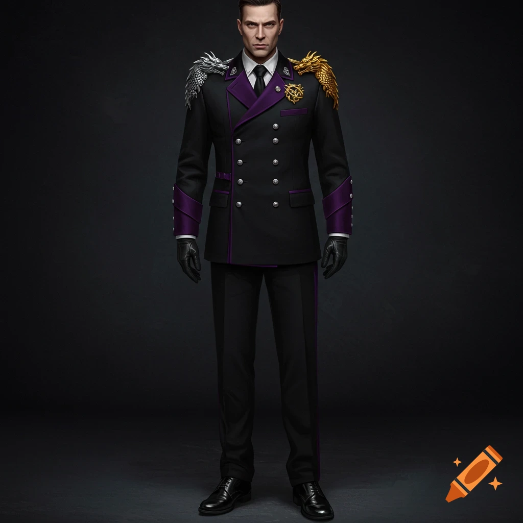 A man in a black and purple military-style uniform with silver and gold dragon epaulettes and a gold crest pin stands against a dark background.