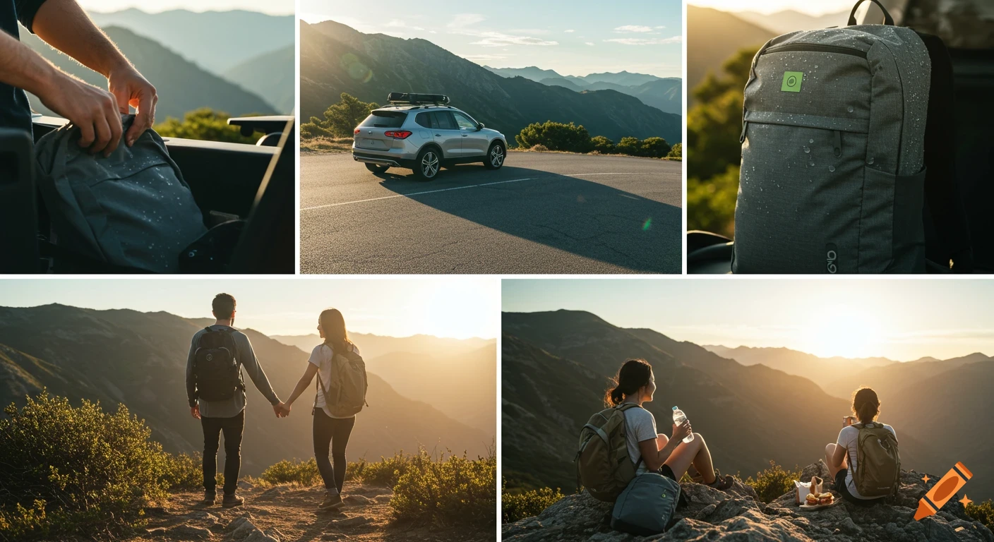Photorealistic collage of a couple hiking and traveling in mountains at sunset, featuring backpacks and an SUV.