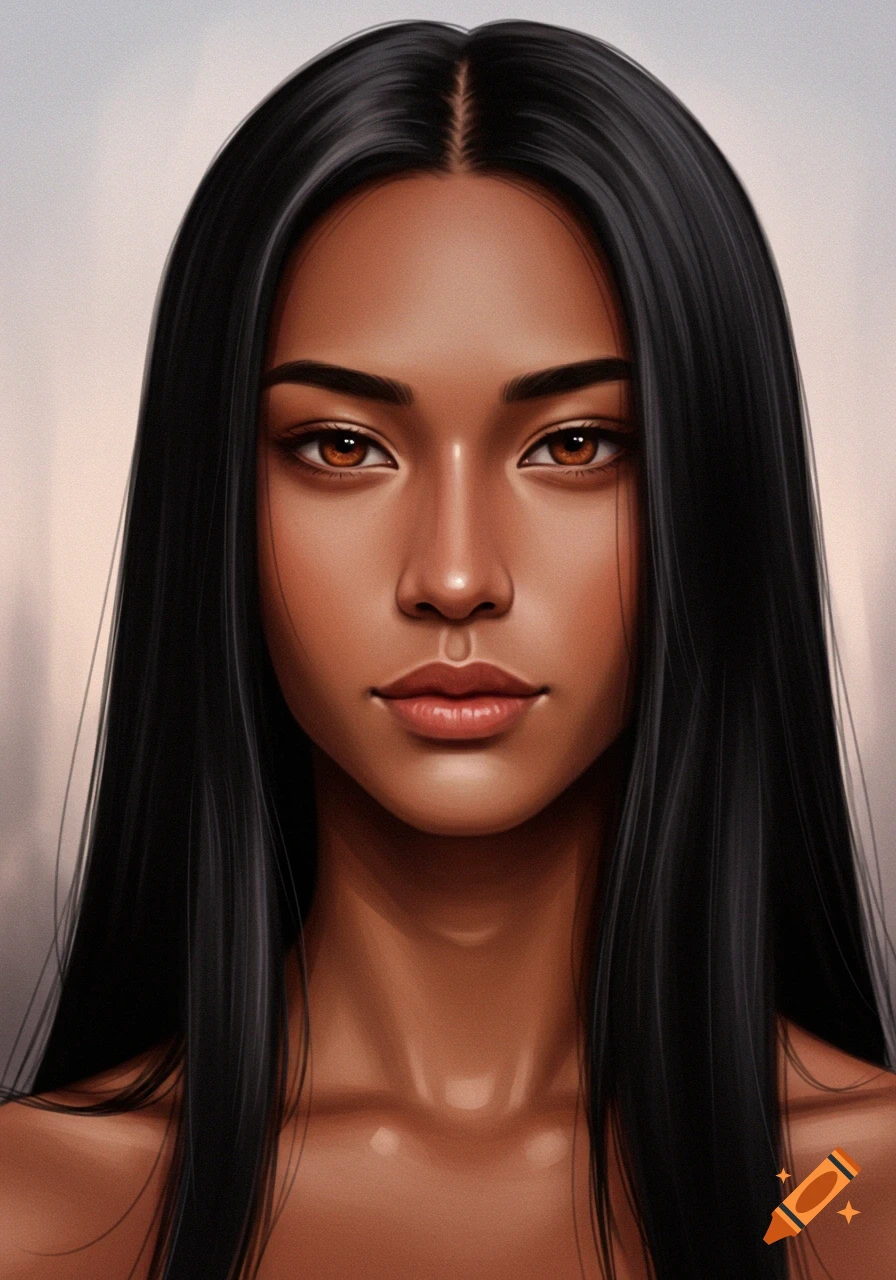 Digital art portrait of a woman with long straight black hair, dark brown eyes, and light brown skin.