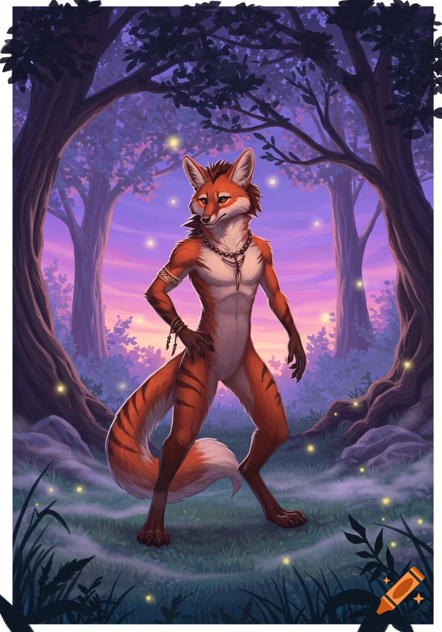 An anthropomorphic fox-like creature with a striped tail, necklace, and armbands stands in a mystical forest with glowing fireflies at dusk, digital art.
