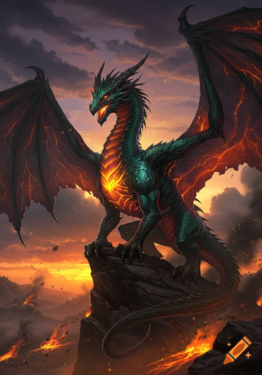 A majestic green and orange dragon with fiery eyes and glowing chest stands on a cliff overlooking a volcanic landscape at sunset in a detailed fantasy art style.