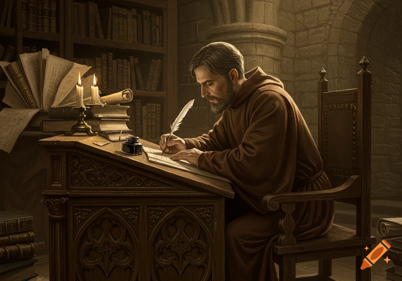A medieval monk with a beard sits at an ornate wooden desk in a library, writing with a quill by candlelight.