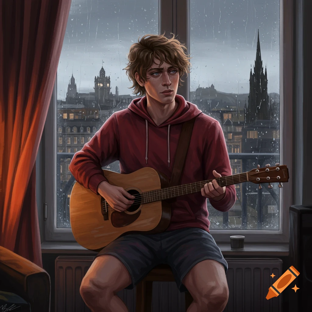 A young man with curly brown hair sits by a window on a rainy evening, playing an acoustic guitar. A city skyline is visible outside.