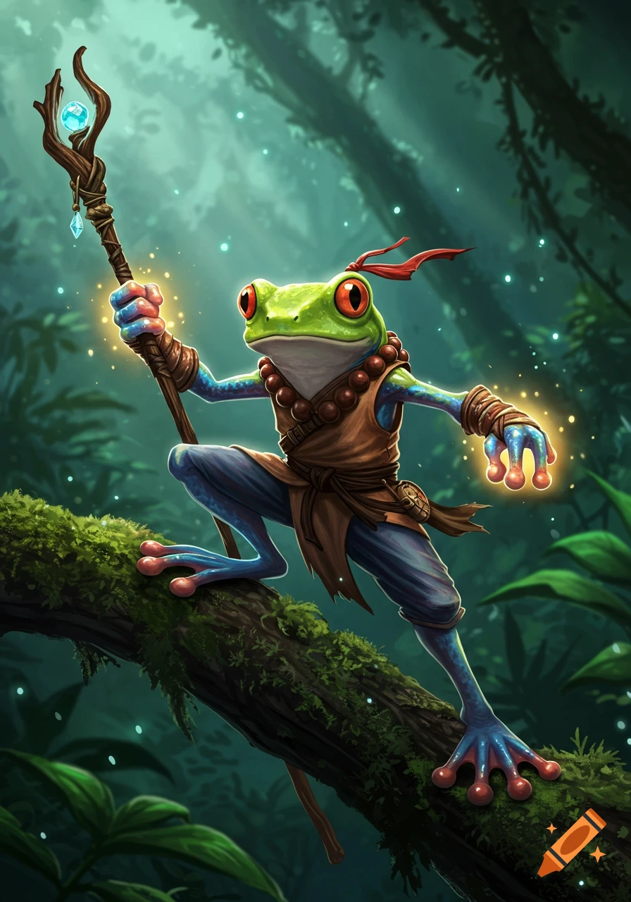 A green tree frog martial artist with red eyes, in a brown tunic, holds a glowing staff and stands on a mossy jungle branch.