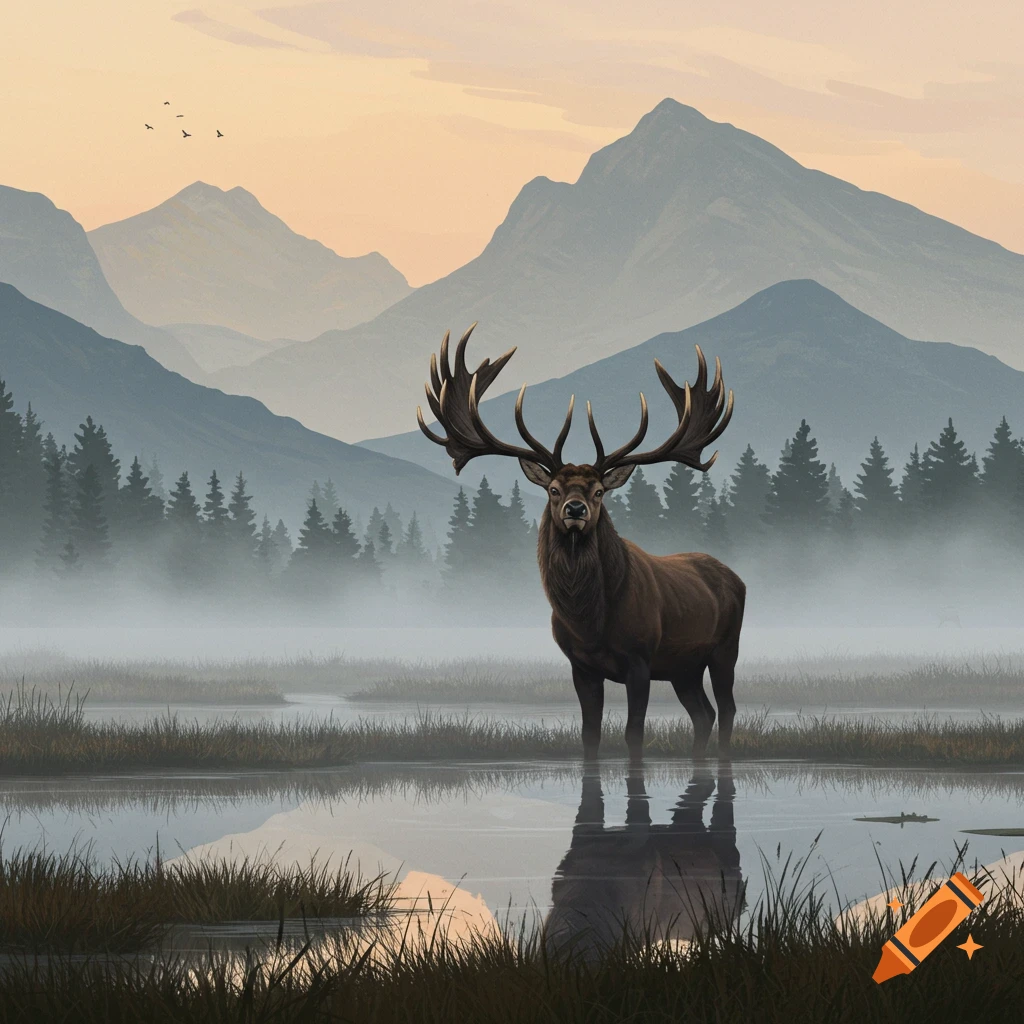 A majestic elk with large antlers stands in a misty wetland with mountains in the background at dawn.