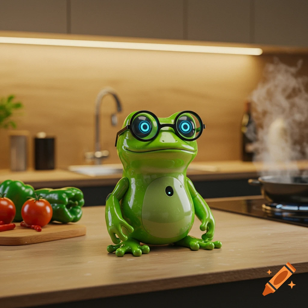A green frog-like robot with circular glasses stands on a wooden kitchen counter with vegetables and a steaming pot. Photorealistic.
