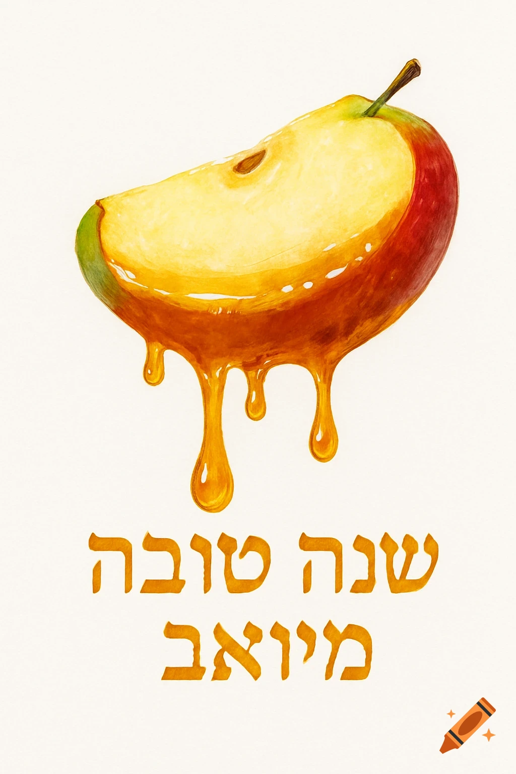 A watercolor illustration of a red and green apple slice dripping golden honey that forms the Hebrew text 'שנה טובה מיואב' below.