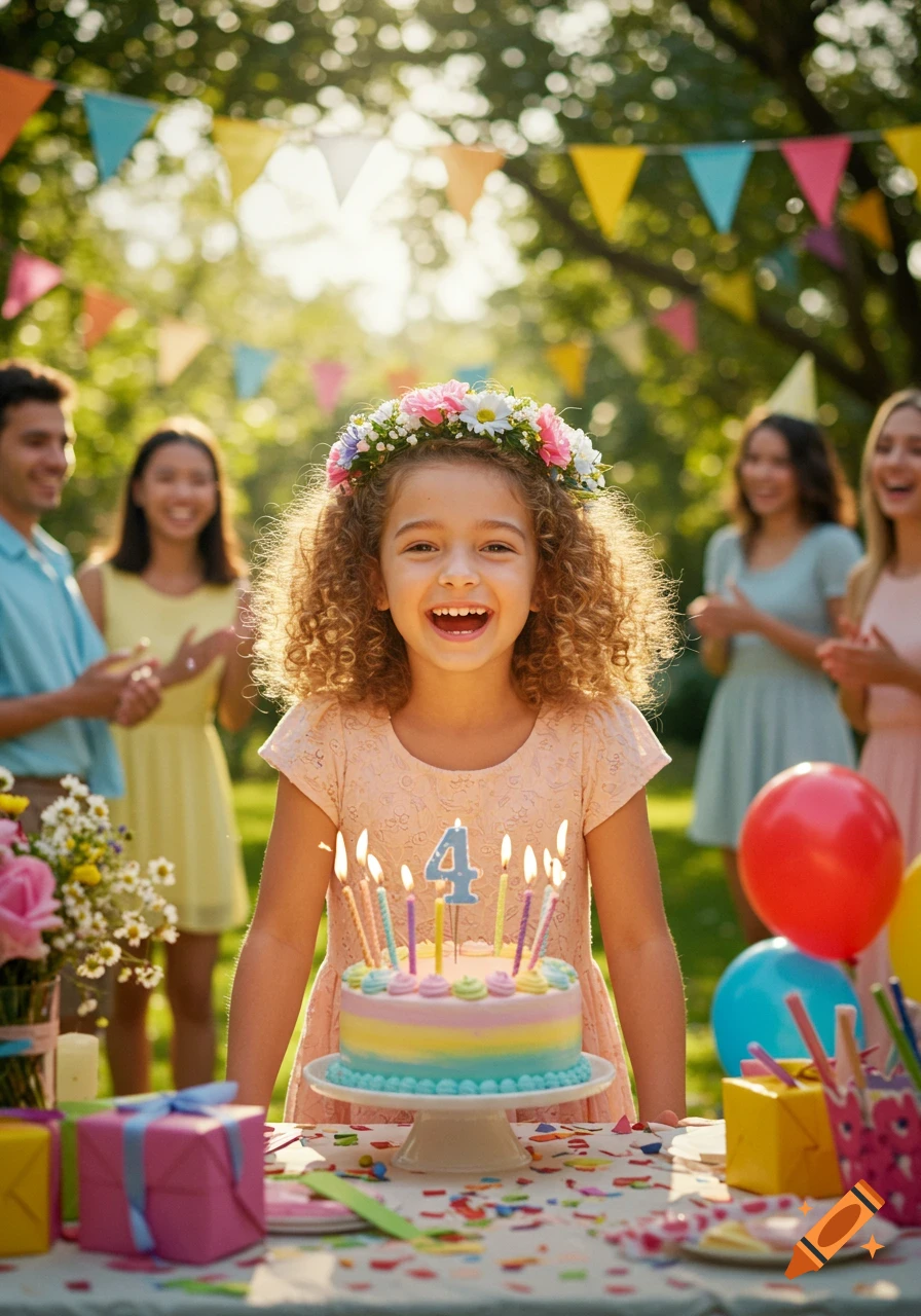 A smiling young girl with curly hair and a flower crown celebrates her 4th birthday outdoors, standing behind a cake with a '4' candle.