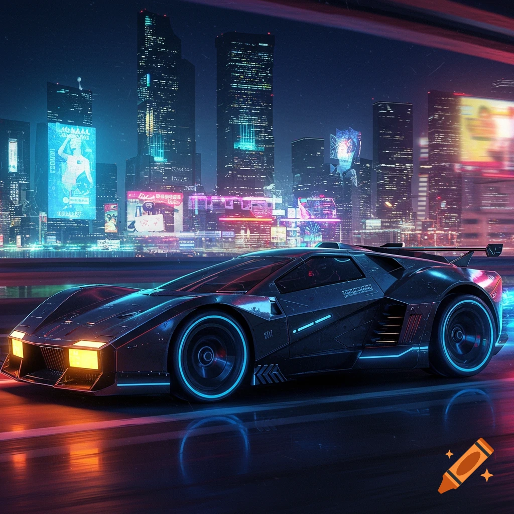 A sleek, black futuristic sports car with glowing blue accents drives on a wet, neon-lit city street at night, with towering skyscrapers in the background.