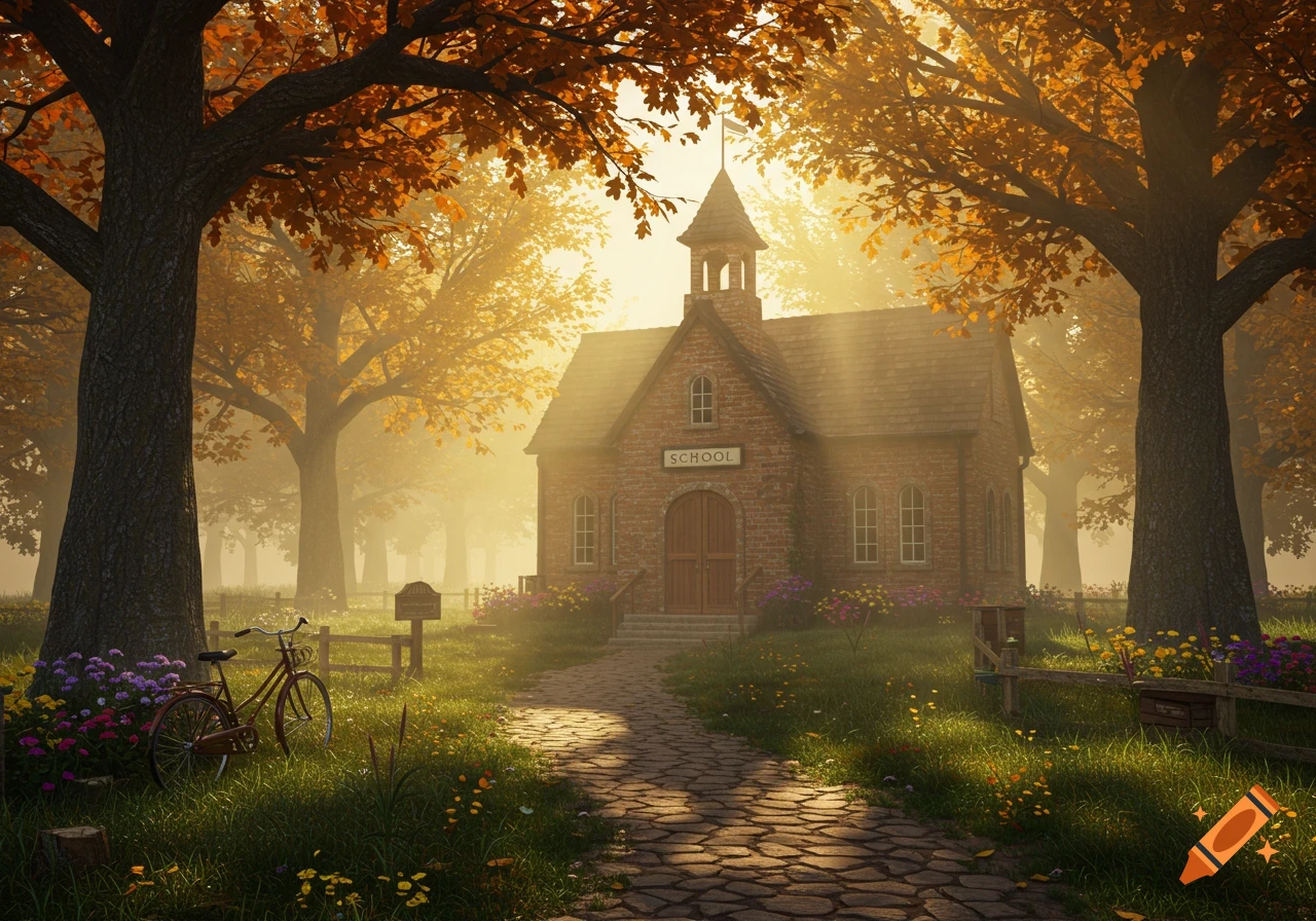 A charming brick schoolhouse surrounded by golden autumn trees and sunlight, with a stone path and a bicycle in the grass. Photorealistic.