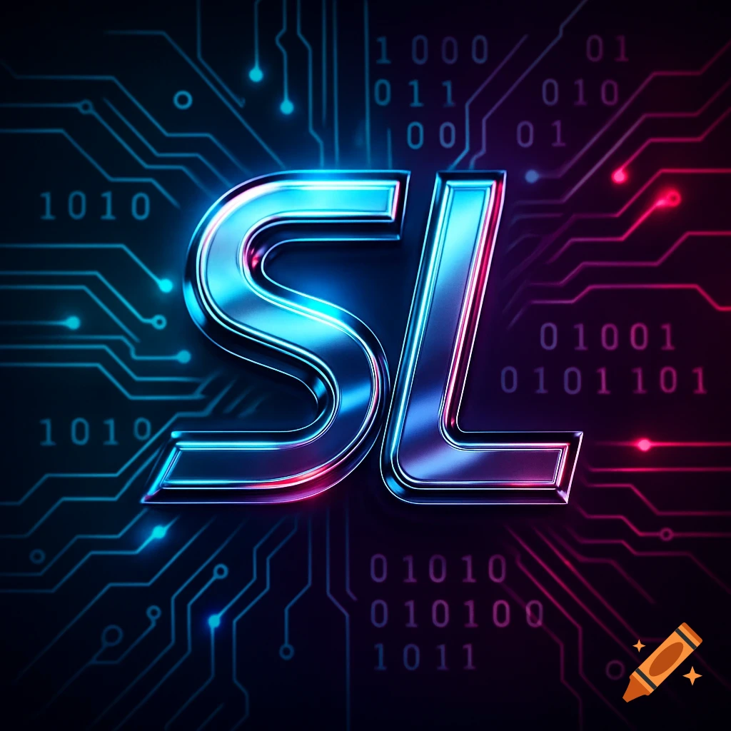 A glowing metallic 'SL' logo in blue and magenta on a dark circuit board background with binary code.