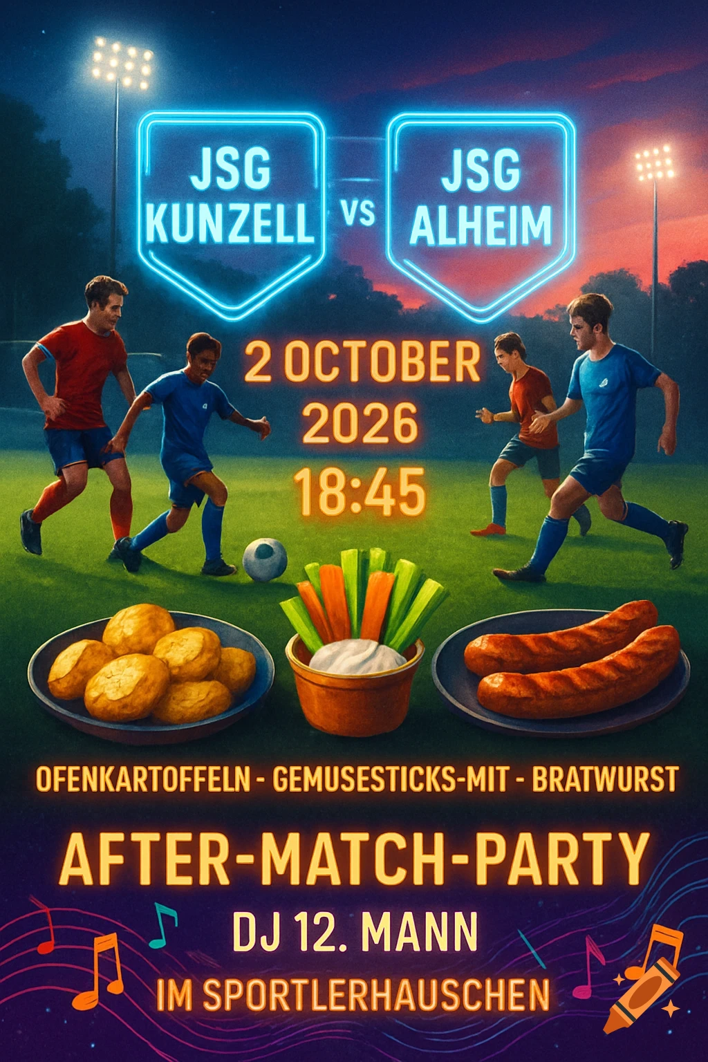 A vibrant poster for a soccer match between JSG Kunzell and JSG Alheim, with details for an after-match party, food, and music notes.