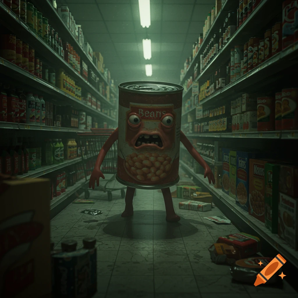 A creepy, sentient can of beans with arms and legs, standing in a dark grocery store aisle in PS1 horror game style.
