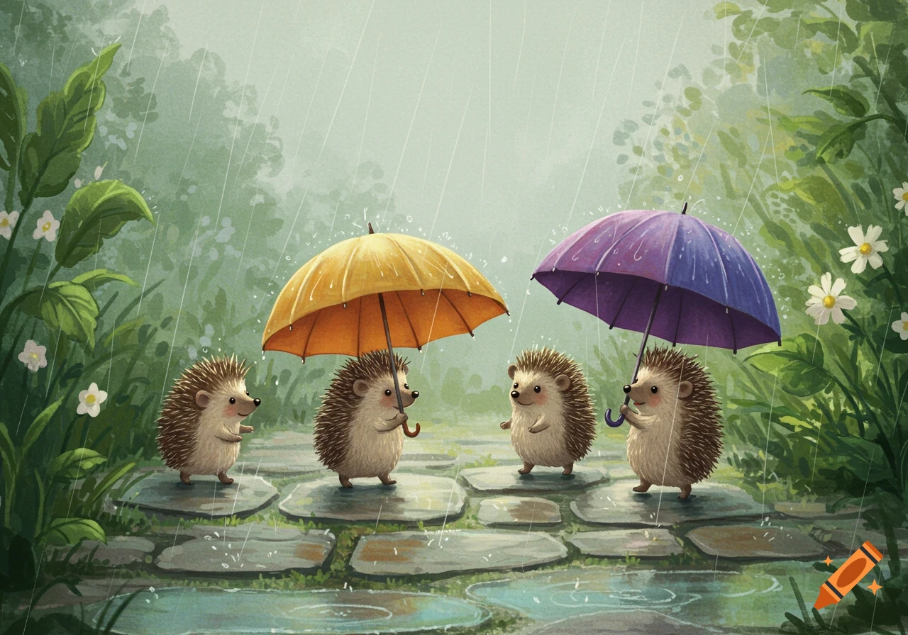 Four cute hedgehogs waddle with yellow and purple umbrellas on a stone path in the rain, with green foliage. Watercolor illustration.