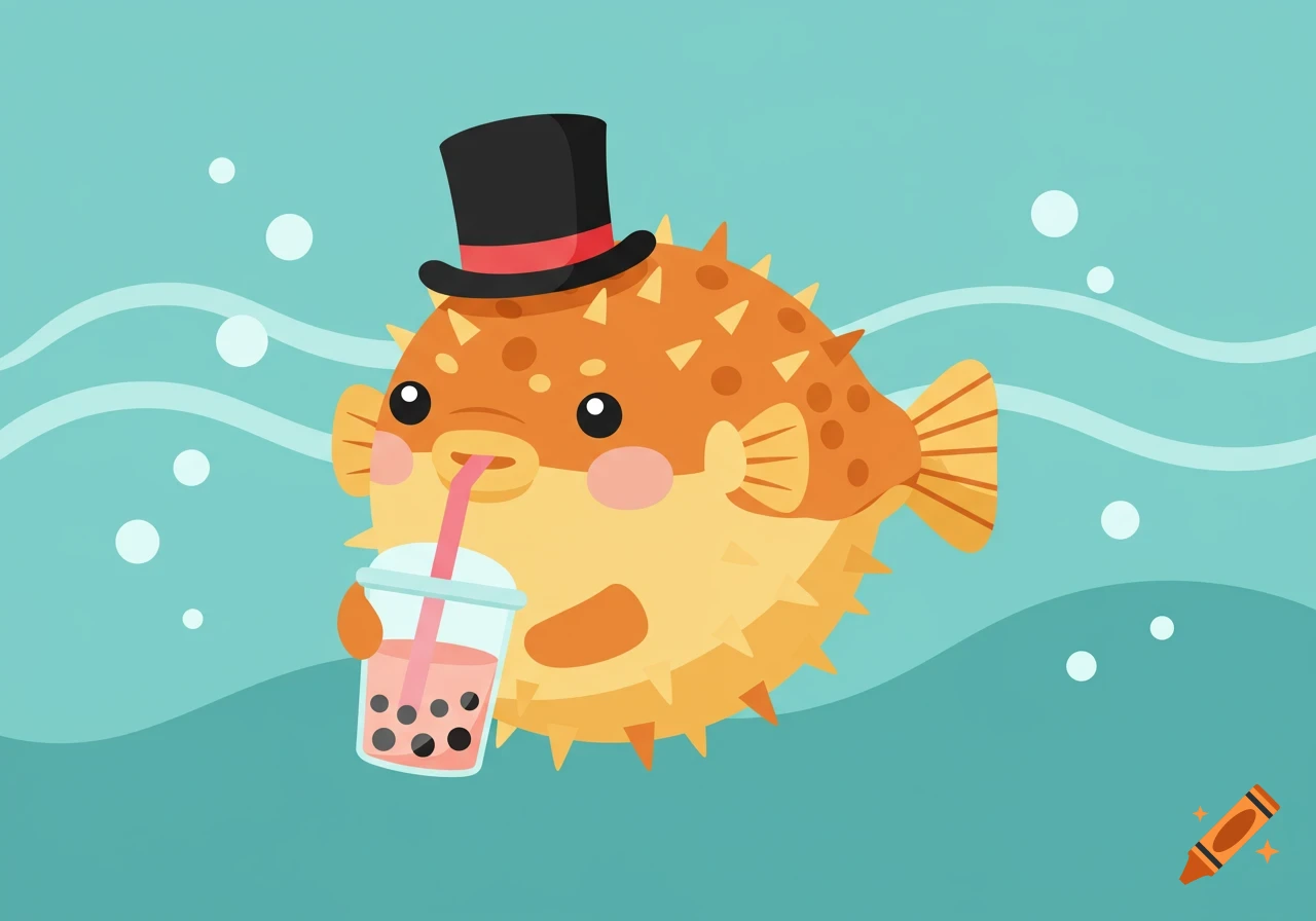 Cartoon pufferfish in a top hat drinks pink boba tea with a straw in turquoise water with bubbles.