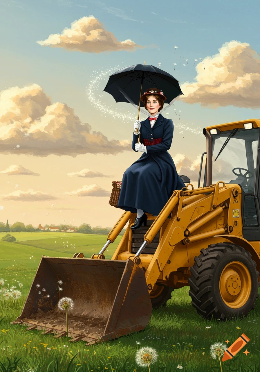 An illustration of Mary Poppins holding an umbrella, sitting on a yellow backhoe in a green field with dandelions under a cloudy sky.