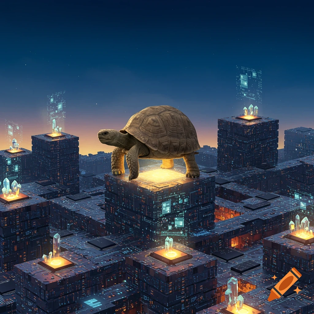A tortoise walks on a glowing, futuristic cityscape made of circuit boards and crystals under a twilight sky.