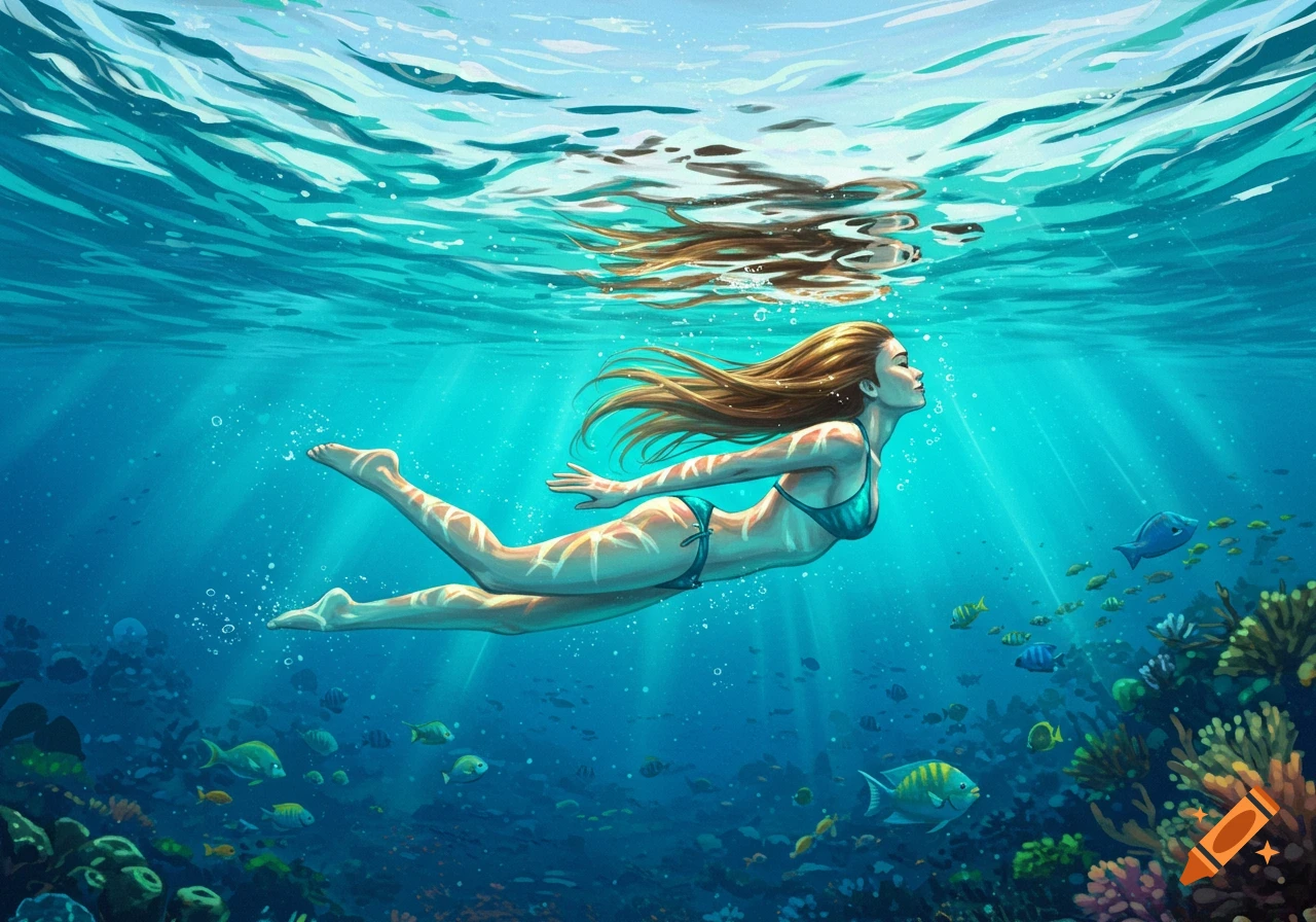 A woman with long hair in a bikini swims gracefully underwater, surrounded by fish and coral, with light rays piercing the surface. Digital art.