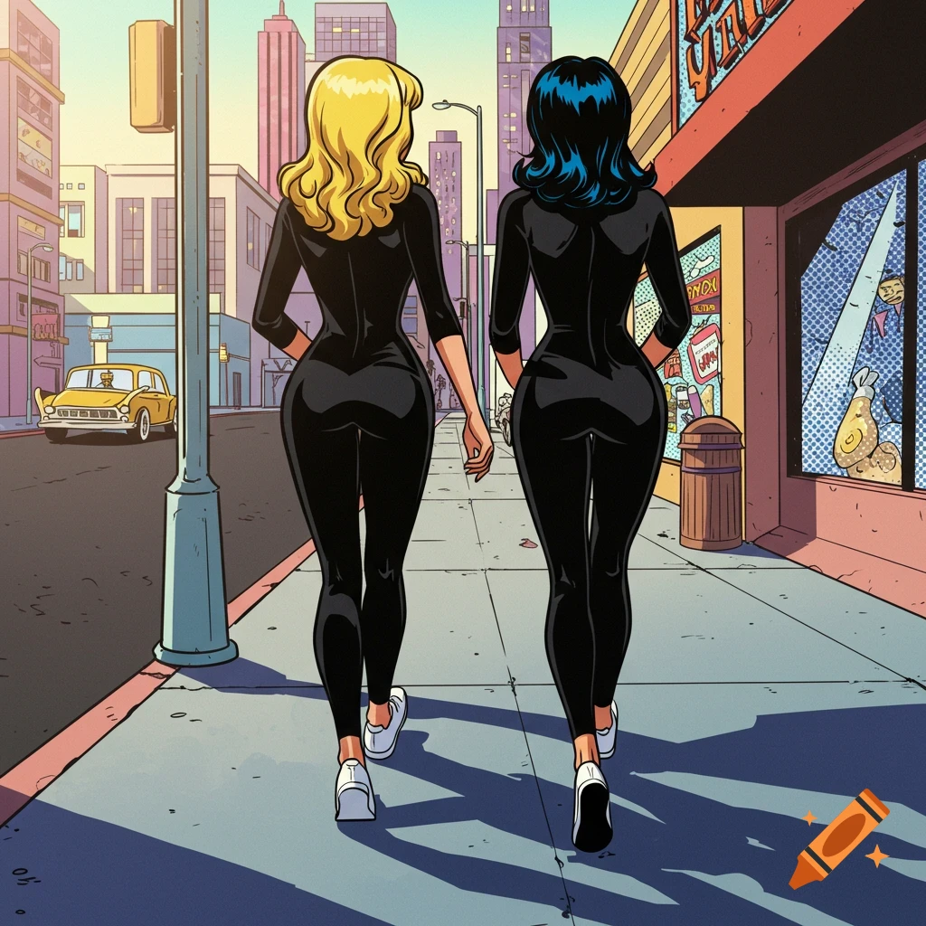 Two women with blonde and dark hair, wearing tight black jumpsuits and white sneakers, walk away from the viewer down a city sidewalk in comic book style.