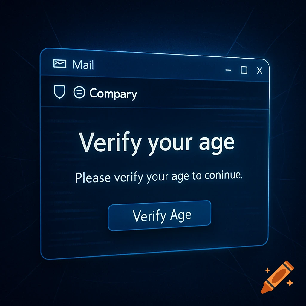 A blue digital pop-up window with a glowing border, displaying a 'Verify your age' message and a 'Verify Age' button.