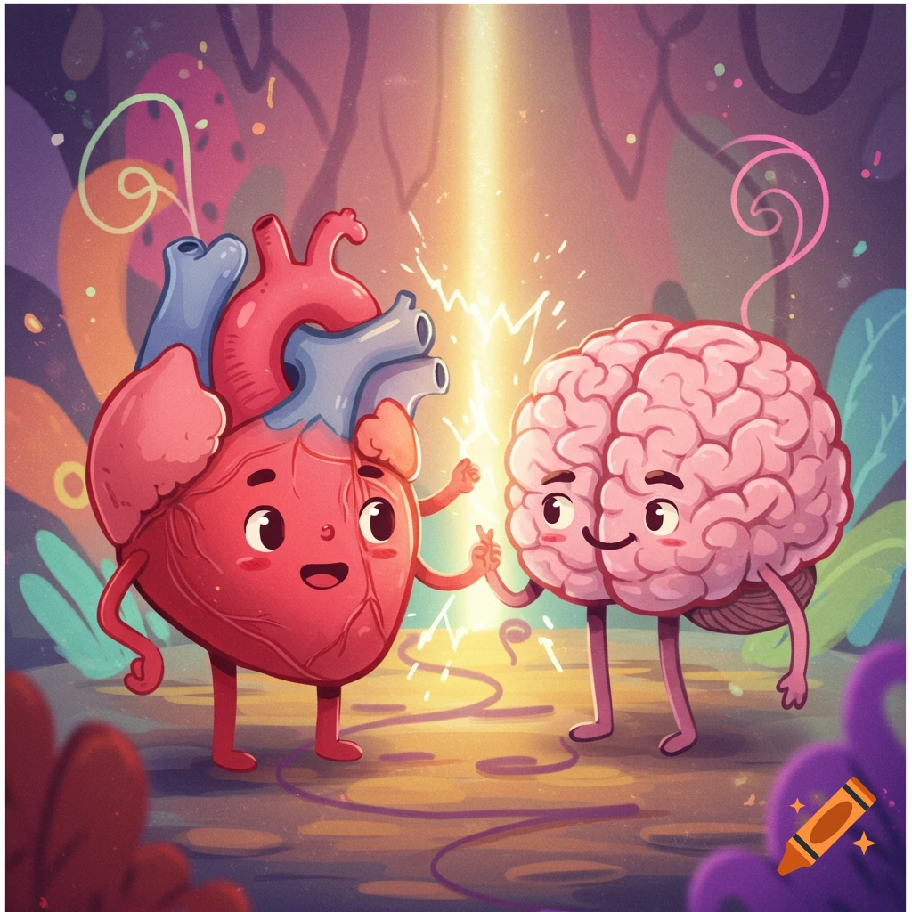 A cute cartoon red heart and pink brain, both with faces and limbs, hold hands with energy sparking between them.