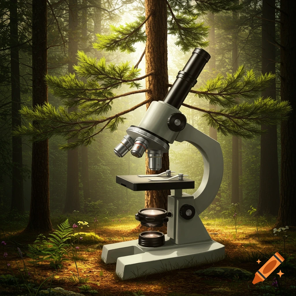 A detailed microscope sits on the mossy forest floor, bathed in sunlight filtering through pine trees.