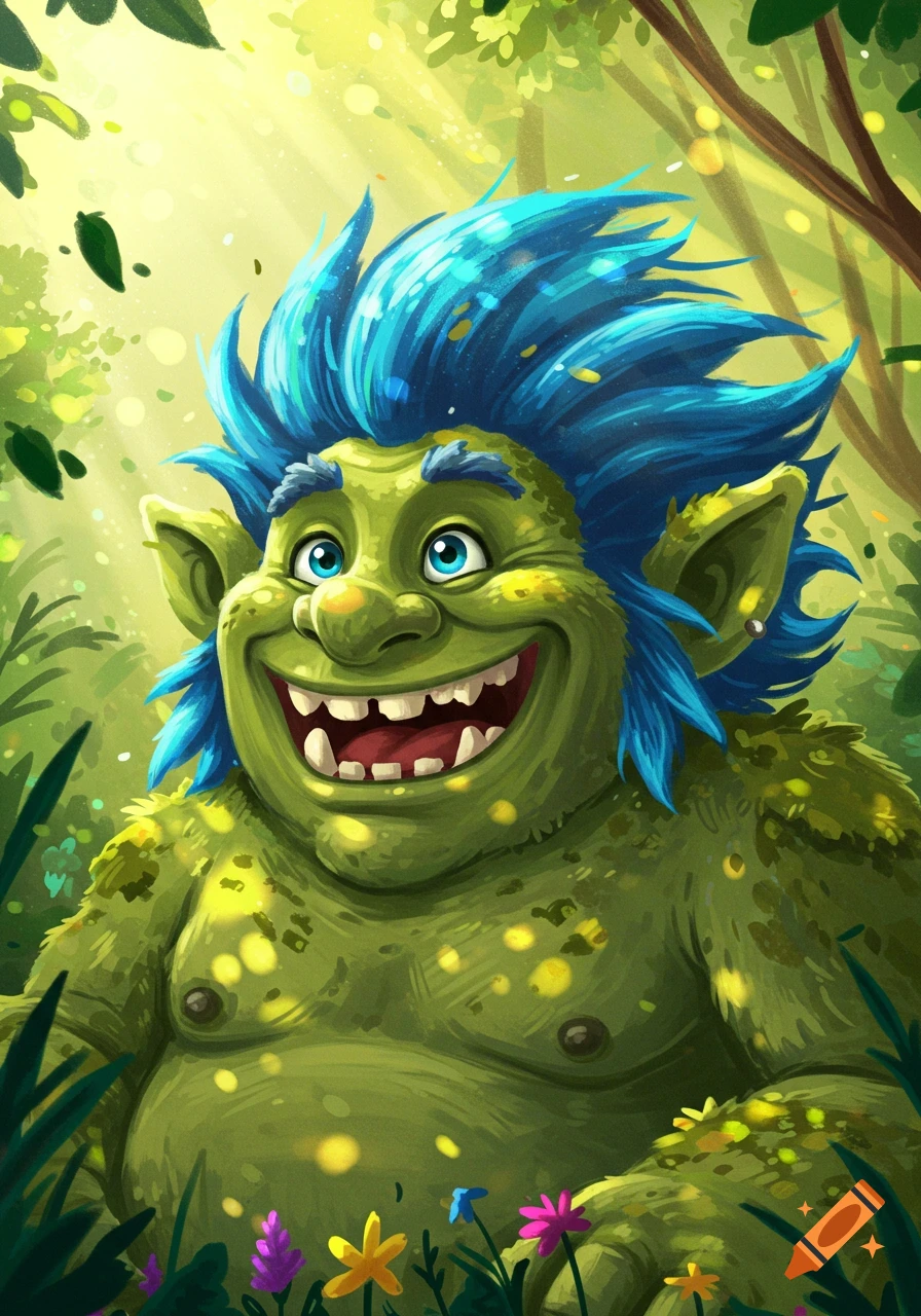 A vibrant, cartoonish illustration of a happy green troll with spiky blue hair, big teeth, and large ears, smiling widely in a lush green forest.