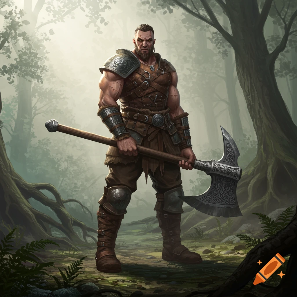 A muscular bearded man in leather and metal armor holds a large ornate axe in a misty forest.