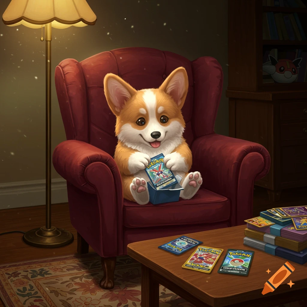 A cute corgi dog sits in a red armchair, happily opening a Pokémon card booster pack. More cards are on a nearby wooden table, in a cozy, softly lit room.