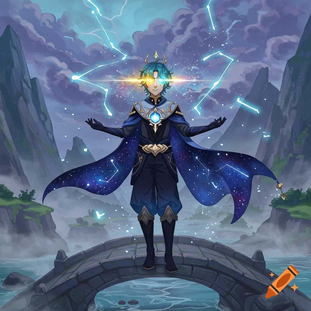 Anime character with glowing eyes and starry cape stands on a bridge, surrounded by constellations in a magical mountainous landscape.