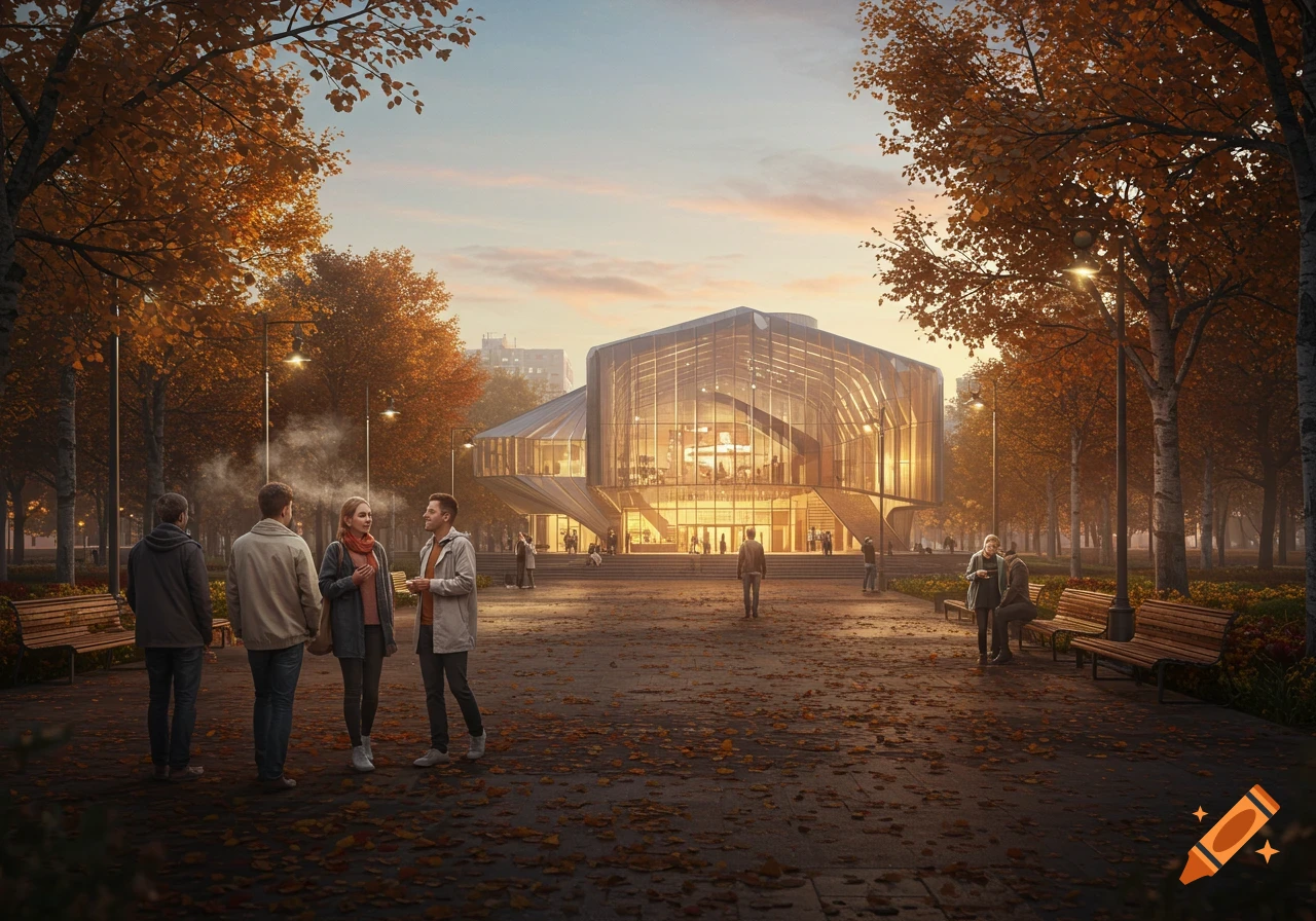 A photorealistic image of a modern glass theatre glowing at dusk in an autumnal city park, with people walking and conversing.