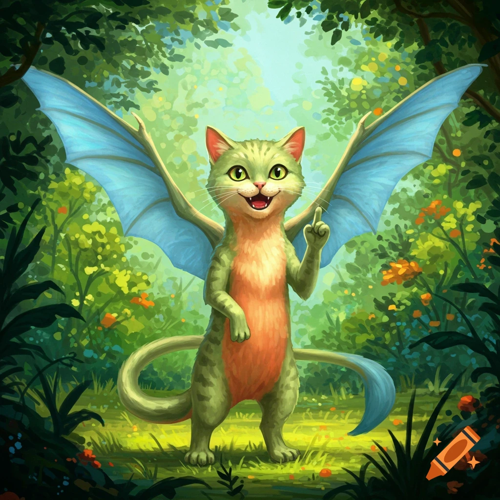 A smiling green and orange cat-dragon creature with blue wings stands on two legs in a lush green forest, stylized illustration.