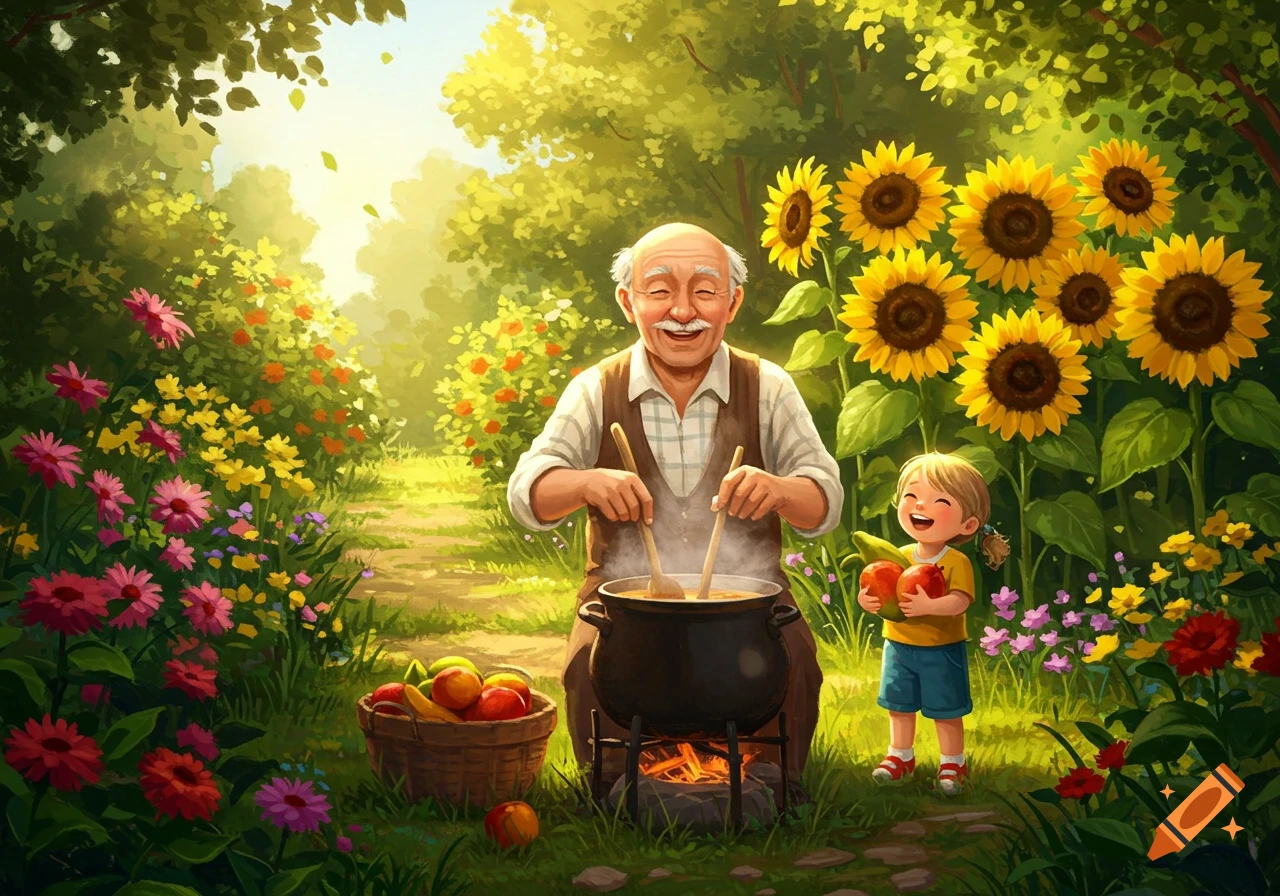 Vibrant illustration of a smiling elderly man stirring a pot over a fire in a sunny garden with a laughing child holding fruit and sunflowers.