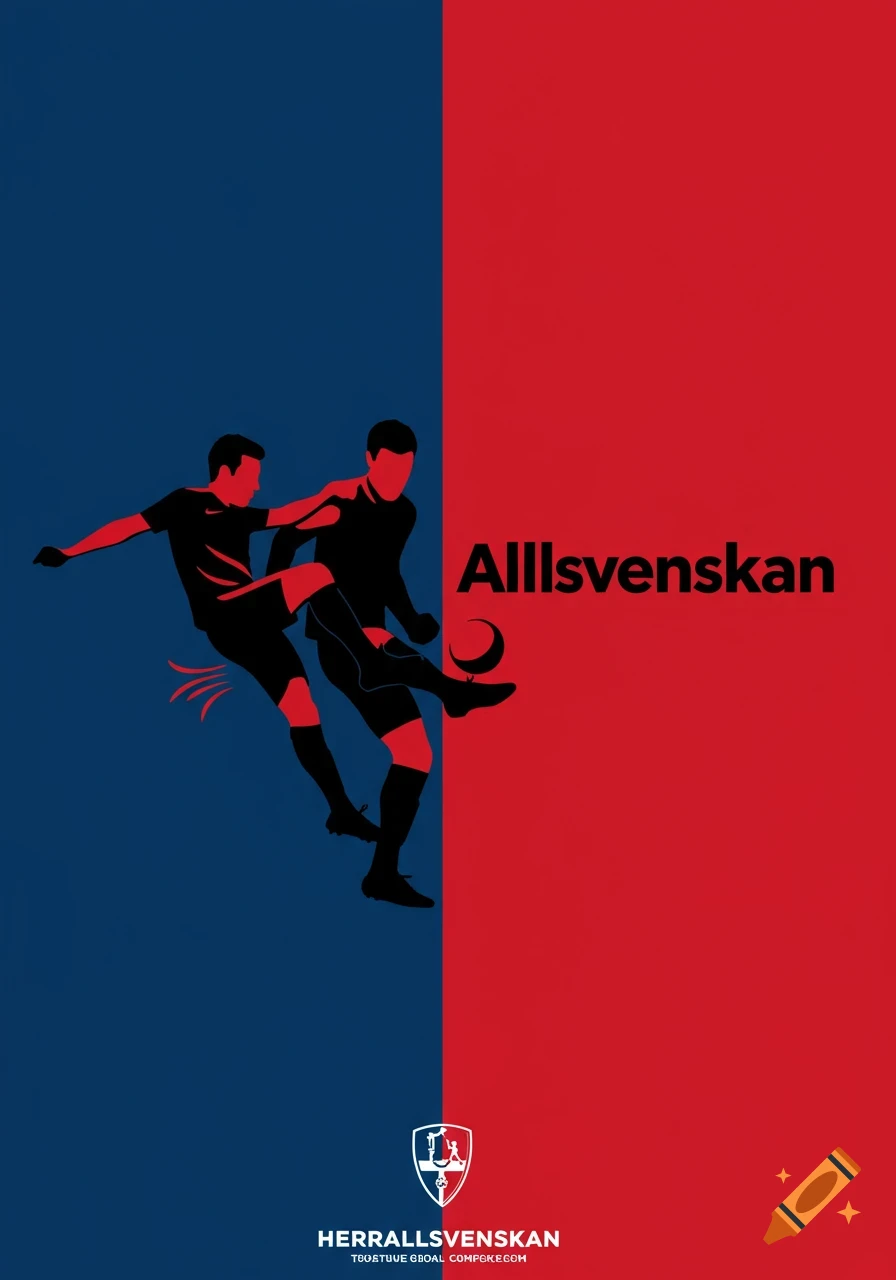 A stylized parody soccer logo. Two black silhouette players, one appearing to kick the other, against a vertically split blue and red background. Text reads "Allsvenskan" and "Herrallsvenskan" with a small emblem below.