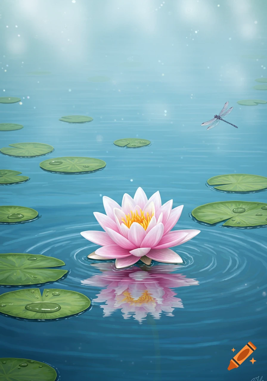 A vibrant pink lotus flower with yellow center floats on calm blue water with lily pads and a dragonfly. Digital art style.