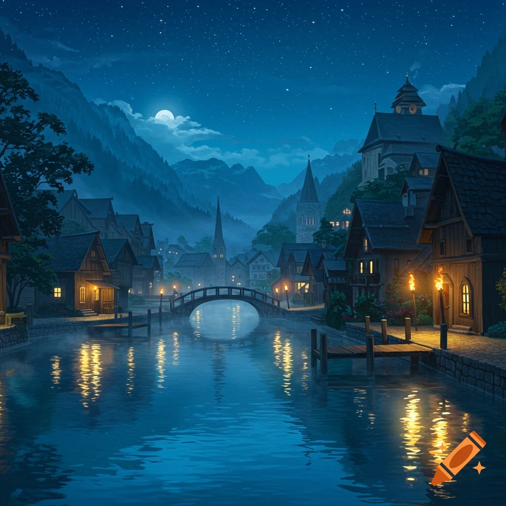 A moonlit fantasy village by a river with an arched bridge, surrounded by mountains under a starry sky.